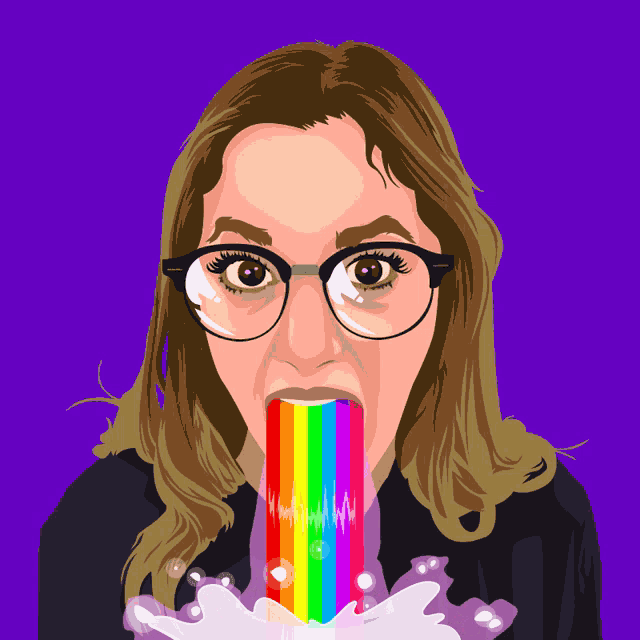 a woman with glasses is eating a rainbow colored candy