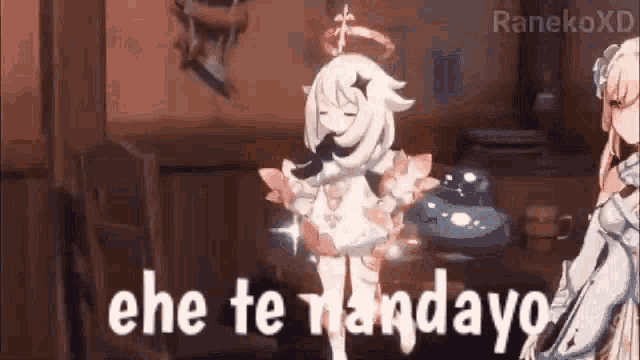 a girl from a video game is standing in a room with the words `` ehe te nandayo '' written on the screen .