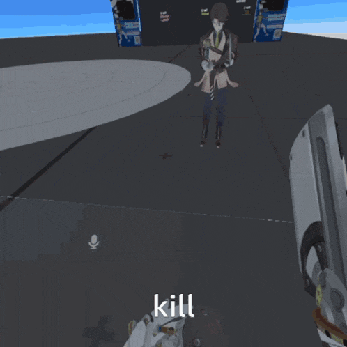 a video game character is holding a gun and the word kill is above her