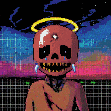 a pixel art drawing of a skull with a halo around its head