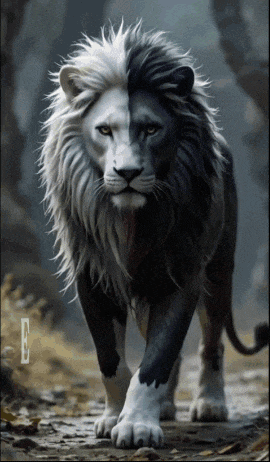 a black and white lion is walking down a dirt road