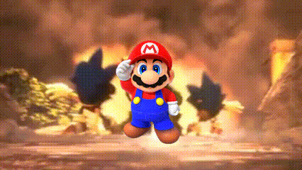 a mario character with a m on his hat is standing in front of an explosion