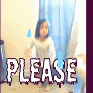 a girl is dancing in front of a sign that reads please
