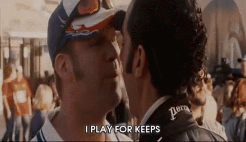 two men are standing next to each other and one of them says i play for keeps .