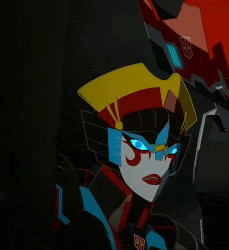 a cartoon drawing of a female transformer with blue eyes and a yellow hat