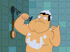 a cartoon of a shirtless man taking a shower with a shaving razor