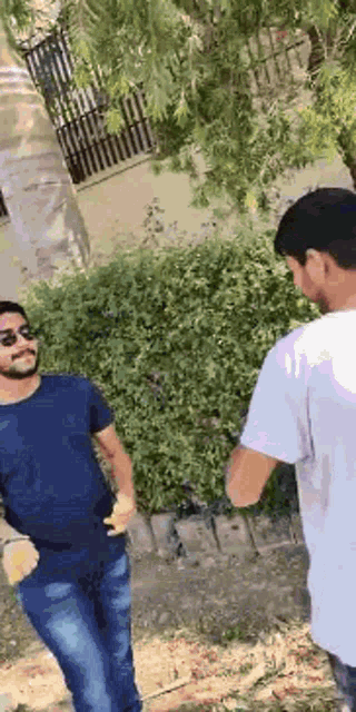 two men are standing next to each other in front of a bush