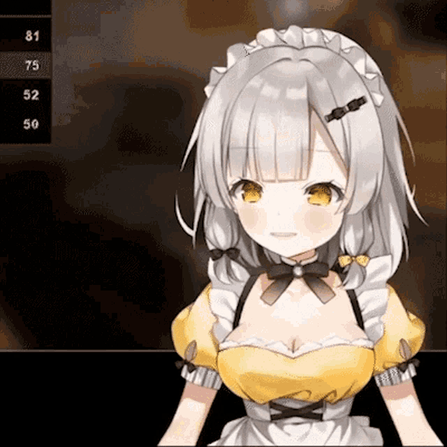 a girl with gray hair and yellow eyes is wearing a yellow dress and a maid costume .
