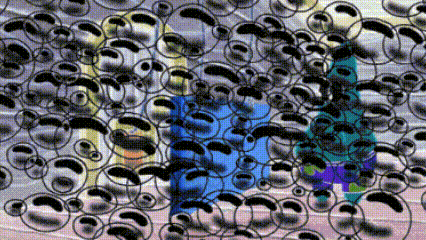 a cartoon character is surrounded by a bunch of bubbles and circles
