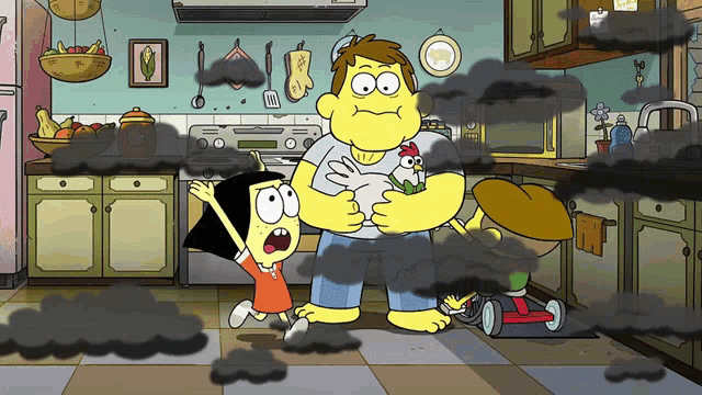a cartoon of a man holding a chicken and a girl running in a kitchen with smoke coming out of the stove