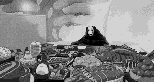 a black and white cartoon of a man with no face sitting at a table with a bunch of food .