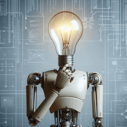 a robot with a light bulb in front of it