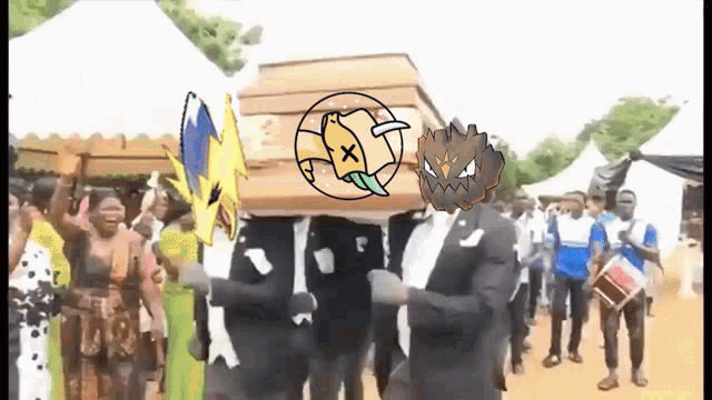 a group of men in suits are carrying a coffin with a cartoon drawing of a pokemon on it .