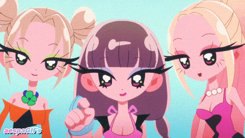 three cartoon girls are standing next to each other with the word espagifs on the bottom left