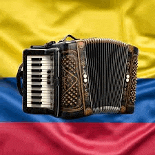 an accordion is sitting in front of a flag of colombia .
