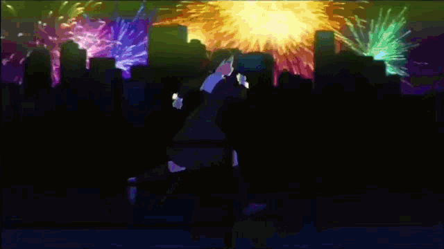 a girl is running in front of fireworks in a dark city