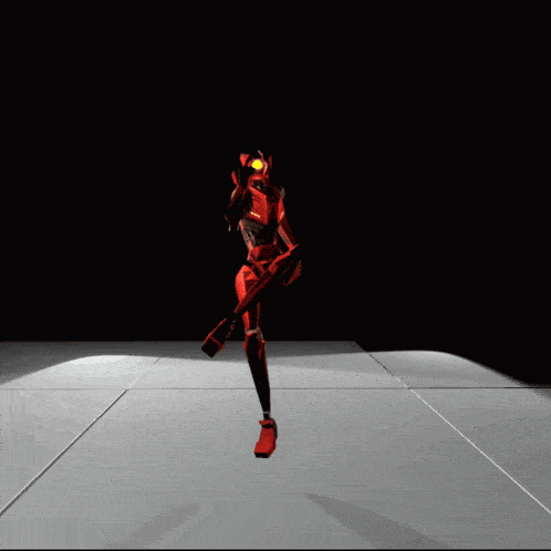 a red robot is doing a handstand on a white tiled floor