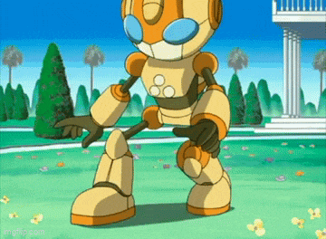 a cartoon robot is standing in a field with flowers and trees in the background .