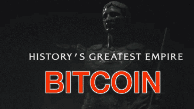 a picture of a statue with the words history 's greatest empire bitcoin