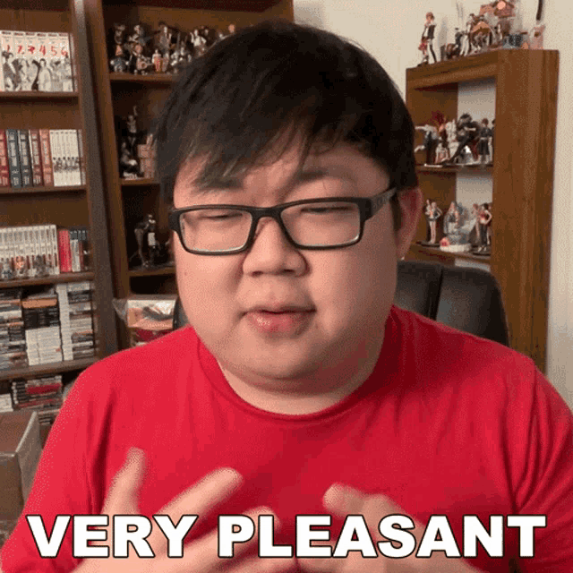 a man wearing glasses says very pleasant in front of a bookshelf