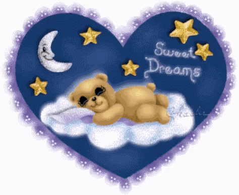 a teddy bear is sleeping on a cloud in a heart with the words sweet dreams