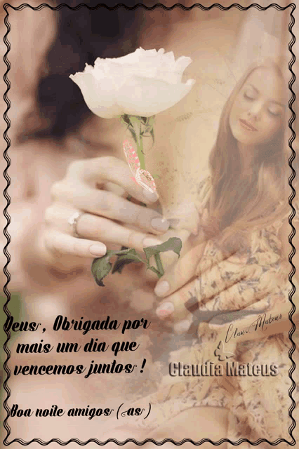 a picture of a woman holding a white rose with a butterfly on it