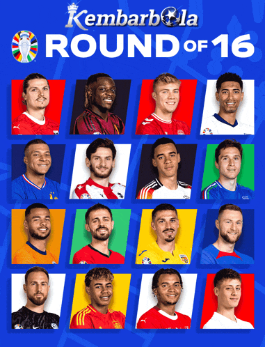 a poster of soccer players with the words kembarbola round of 16