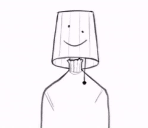 a black and white drawing of a person with a bucket on their head .