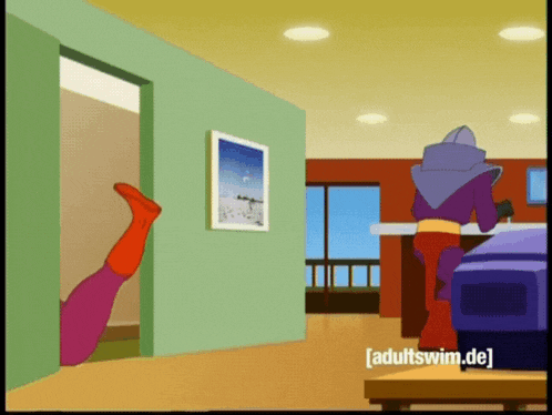 a cartoon of a man in a purple superhero costume with adultswim.de at the bottom