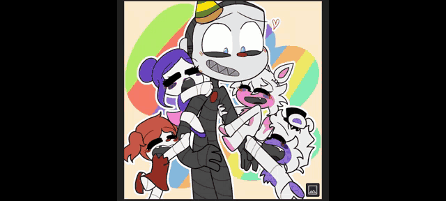 a cartoon of a man holding a baby and two girls .