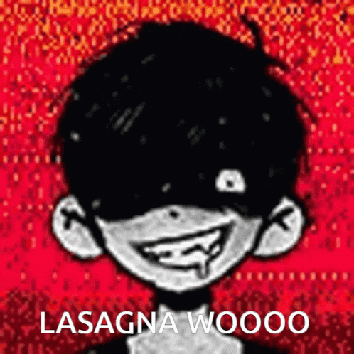 a black and white drawing of a person with the words lasagna woooo on the bottom right