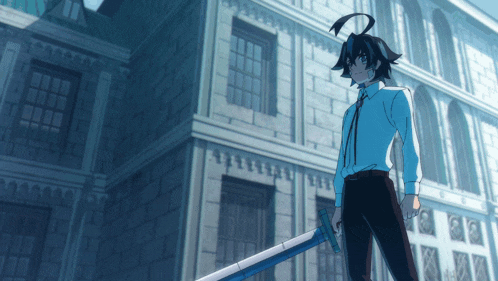 a man in a blue shirt and black pants holds a sword in front of a building