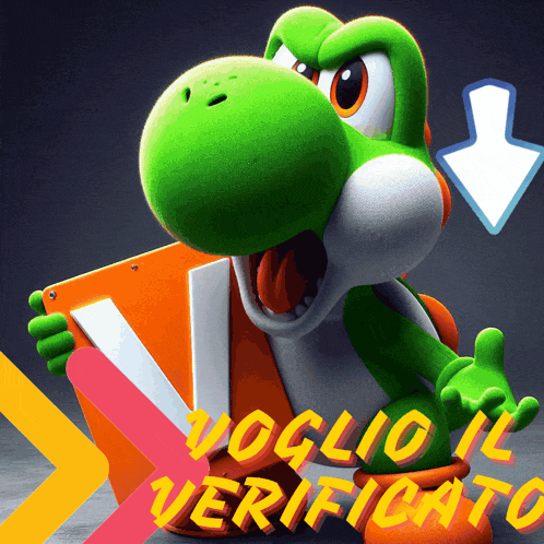 a yoshi holding an orange and white box with the words " voglio il verificato " written below him