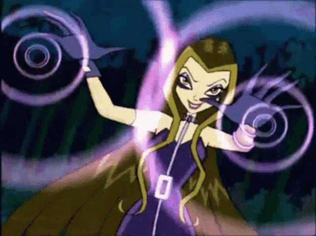 a cartoon character is holding a purple object in her hand