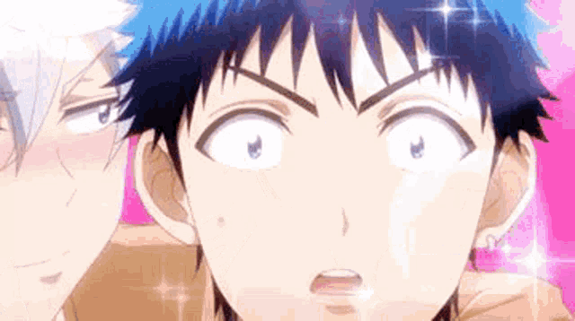 a close up of a person 's face in a anime with a pink background .
