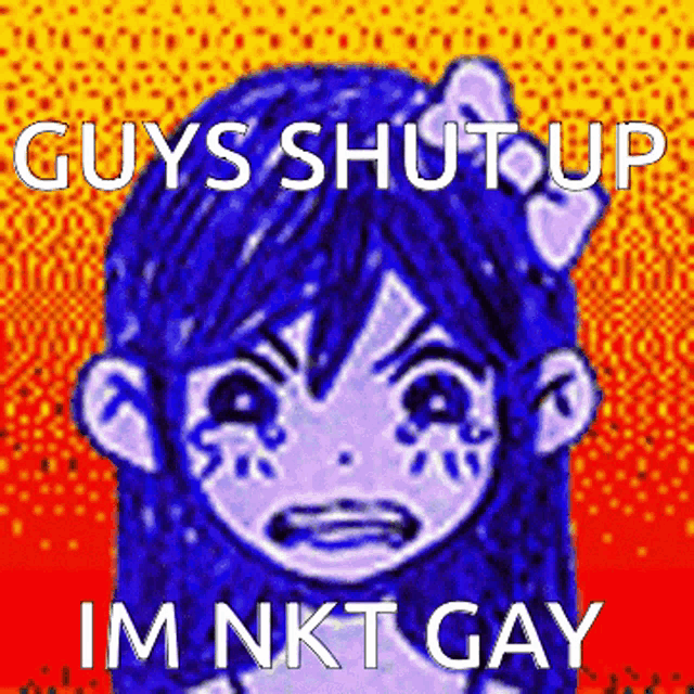 a picture of a girl with the words guys shut up im nkt gay on it .