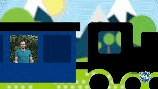 a man in a blue shirt is standing in front of a train that says manual mundo