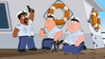 a group of cartoon characters are standing in front of a boat . one of the cartoon characters is holding a gun .
