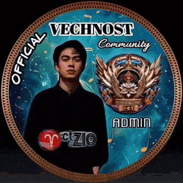 a man in a black shirt is standing in front of a badge that says " admin "