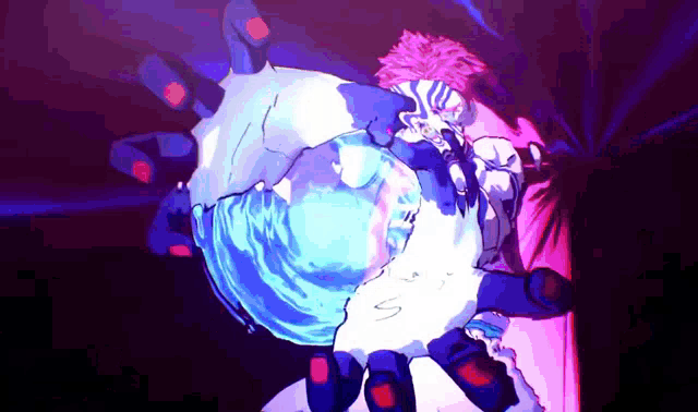 a cartoon drawing of a person with pink hair and blue eyes