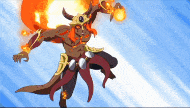 a cartoon character with horns and red eyes is holding a fireball