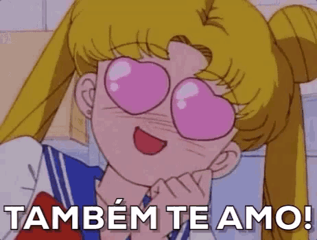 a cartoon girl with heart shaped glasses and the words também te amo