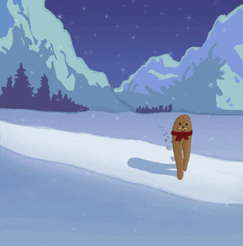 a cartoon of a gingerbread man wearing a scarf walking in the snow