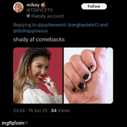 a picture of a woman and a picture of someone 's hand with black nails