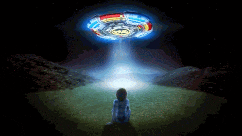 a pixelated image of a person looking up at a spaceship