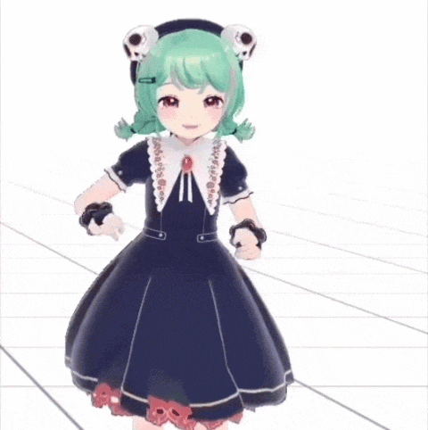 a girl with frog ears is dancing in front of a sign that says ganbara