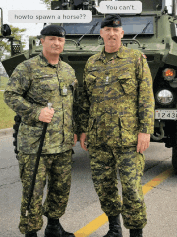 two men in military uniforms are standing in front of a military vehicle and one of them says how to spawn a horse