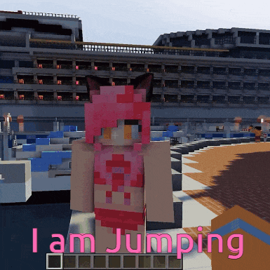 a girl in a pink bikini is jumping in a minecraft video game