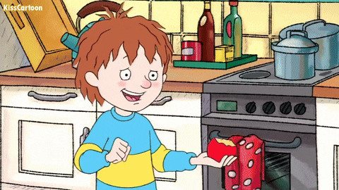 a cartoon of a boy in a kitchen with the word kiss cartoon on the bottom