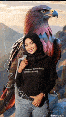 a woman standing next to an eagle wearing a black shirt that says " jangan dipandang nanti sayang "